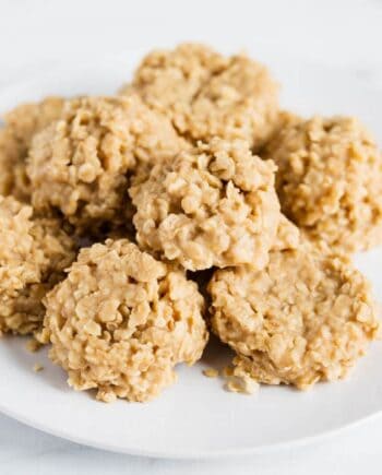 Peanut butter no bake cookies on a plate.