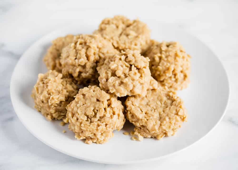 Plate full of peanut butter no bake cookies.