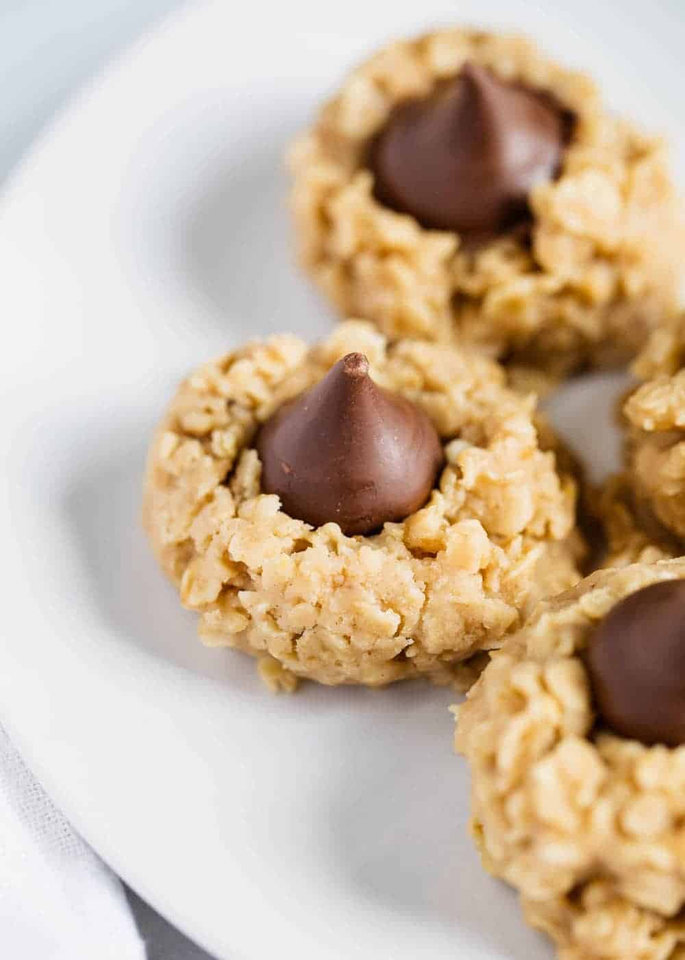 Peanut butter no bake cookies with a chocolate kiss on top.