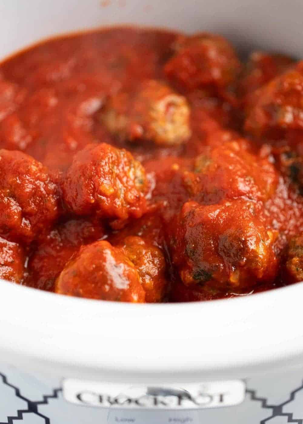 Meatballs and marinara in crockpot.