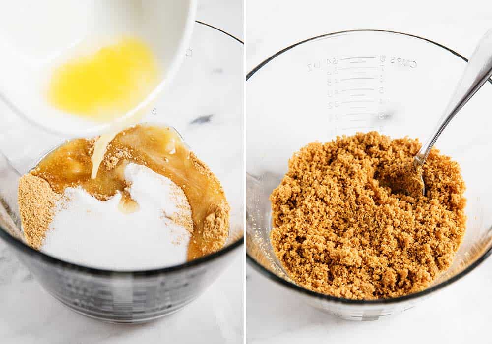 Mixing together ingredients for graham cracker crust.