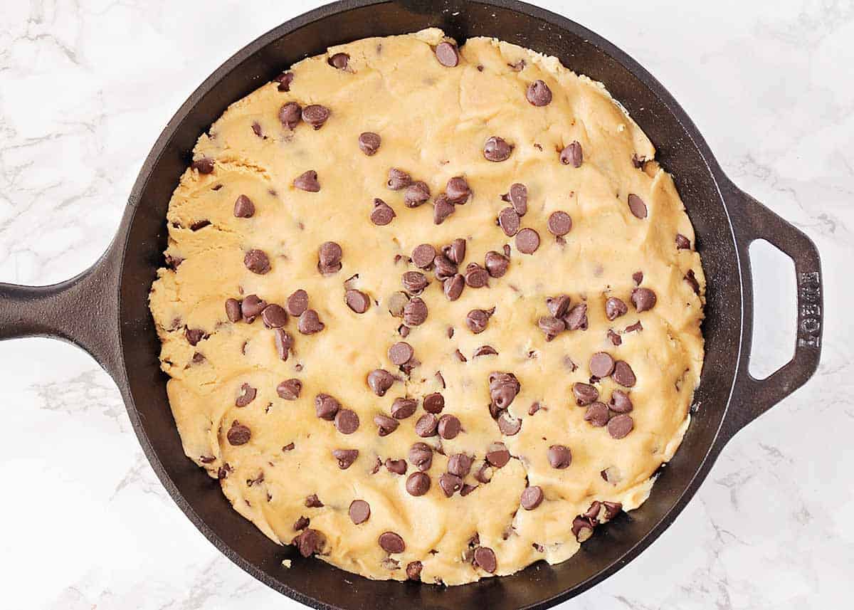 Cookie dough in a skillet.