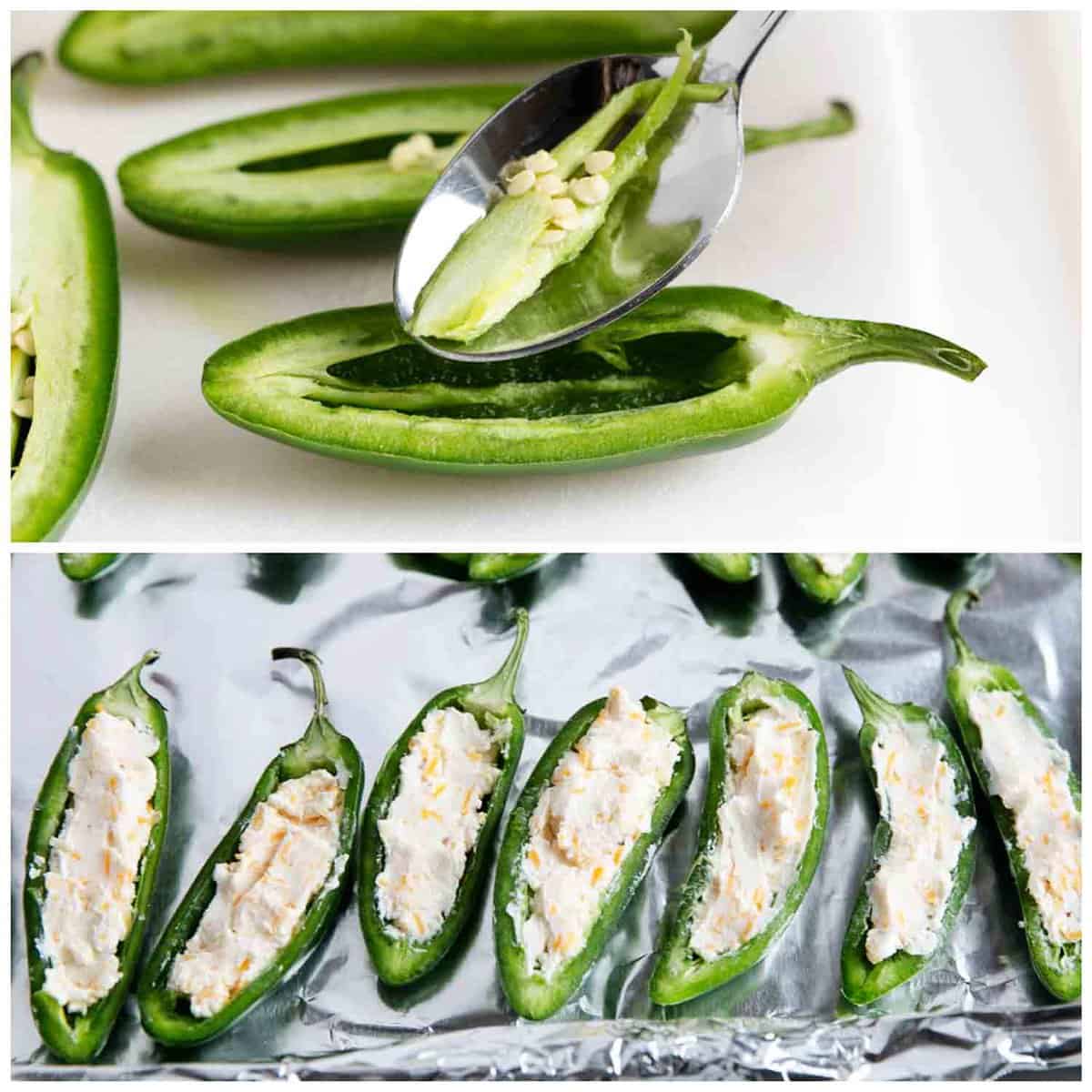 Removing seeds from sliced jalapenos.