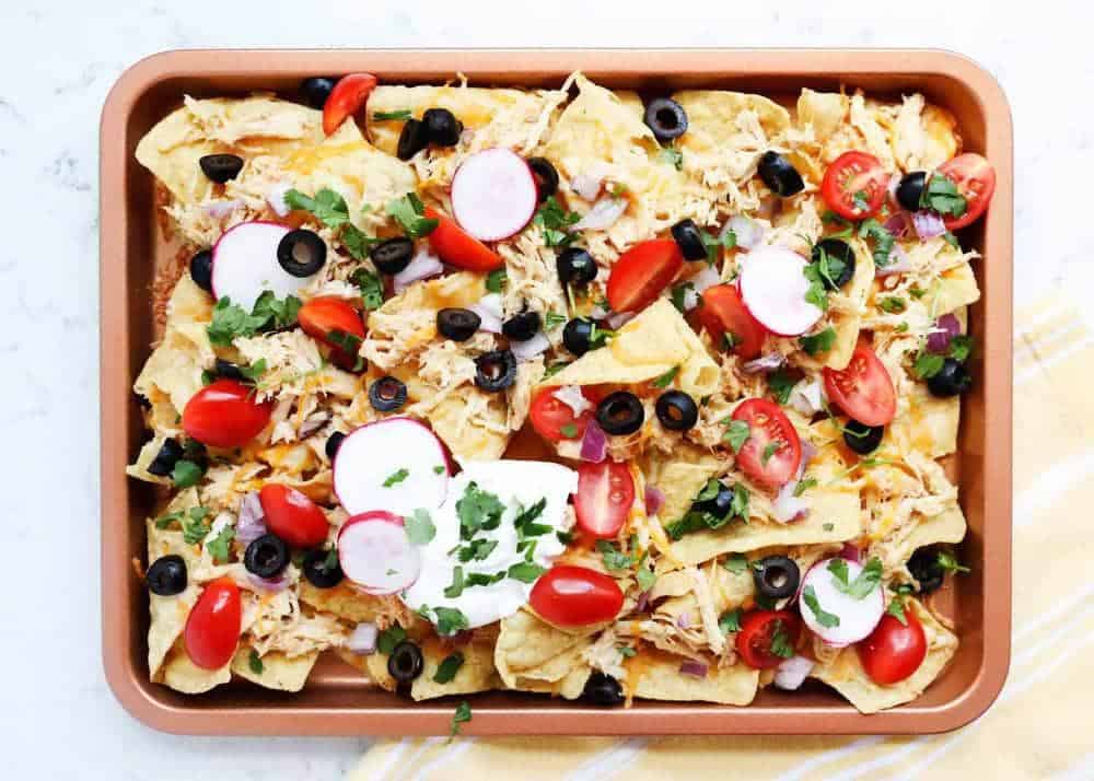 Nachos on sheet pan.