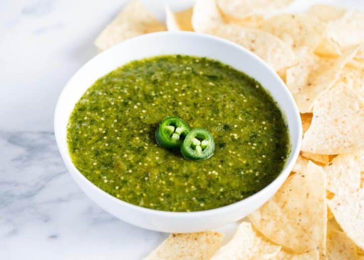 salsa verde in bowl with tortilla chips