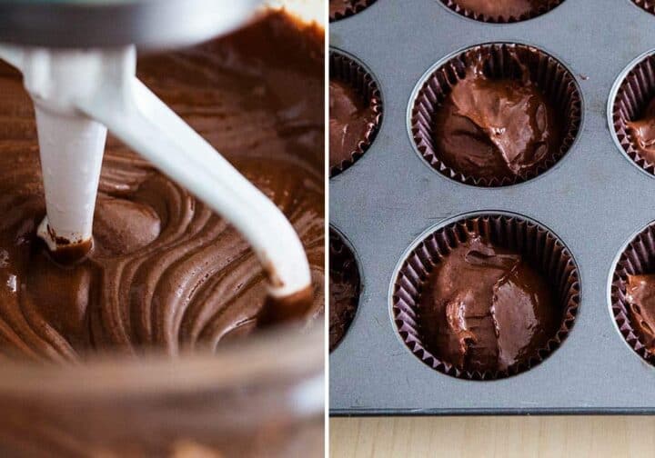 mixing chocolate cupcake batter 