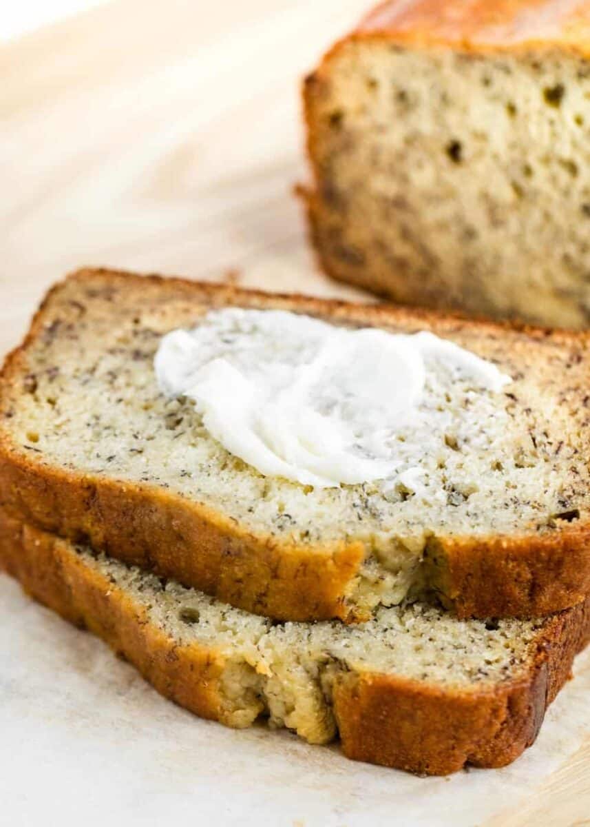 piece of banana bread with butter on top