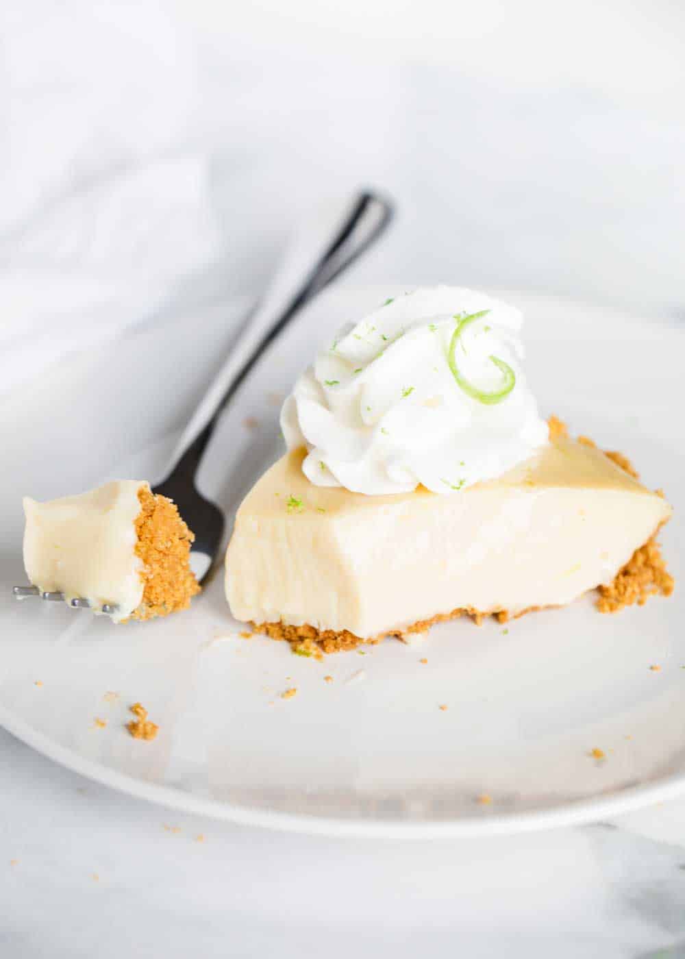 Piece of key lime pie on a white plate.