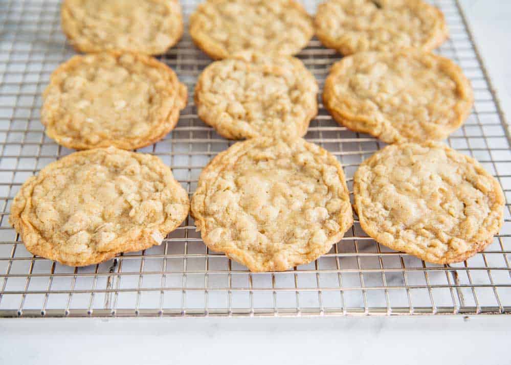 cooked oatmeal cookies on cooling rack 