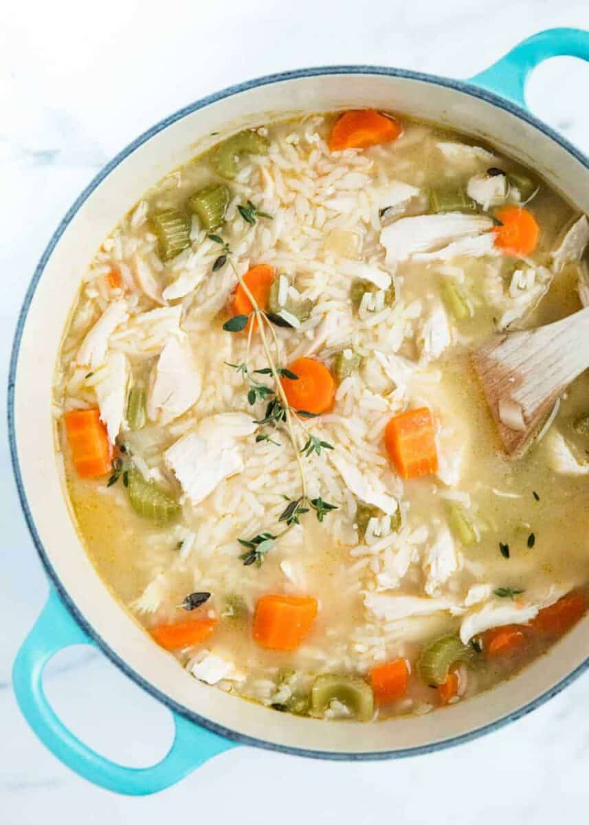 pot of homemade chicken and rice soup 