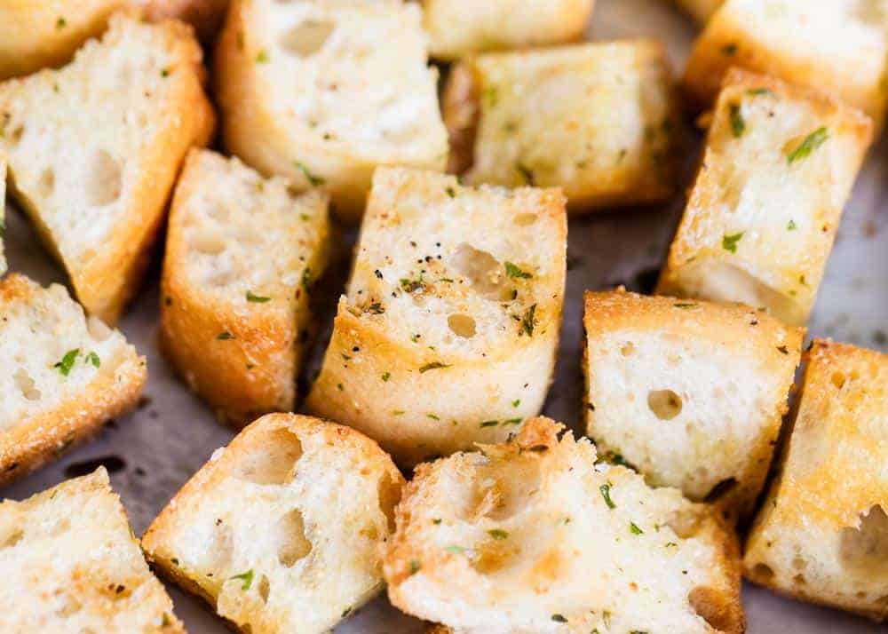 Close up of homemade croutons. 