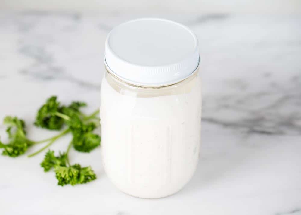 Homemade ranch dressing in jar.