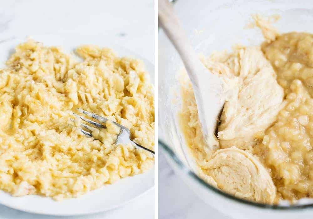 Mixing banana bread batter.