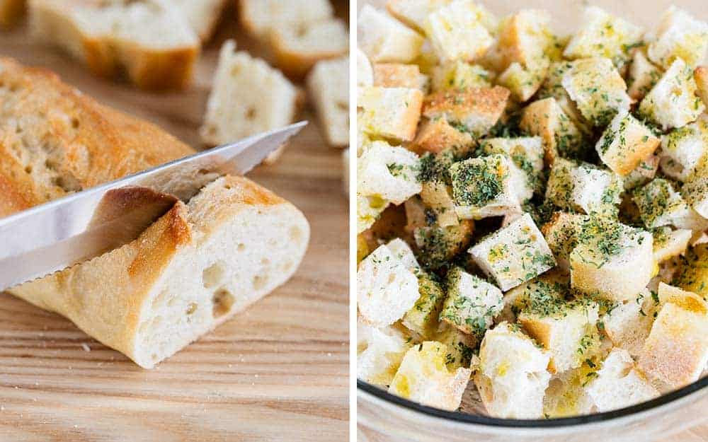 Slicing bread for croutons.