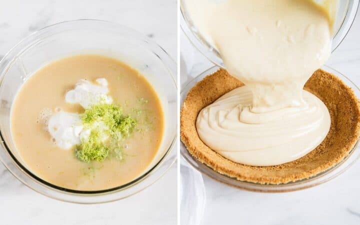 pouring key lime pie filling into graham cracker crust 