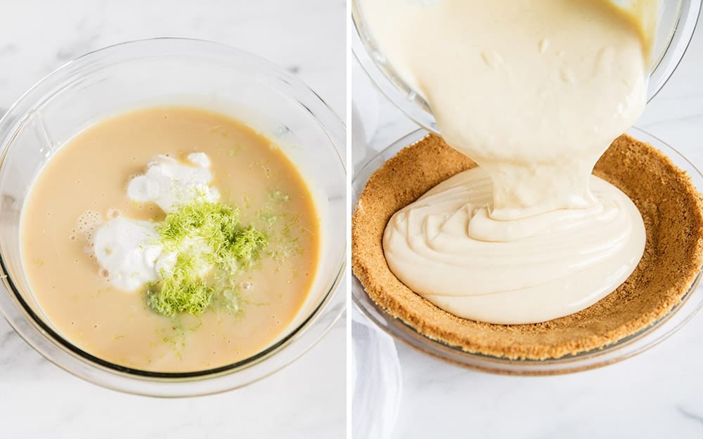 Pouring key lime pie filling into graham cracker crust.