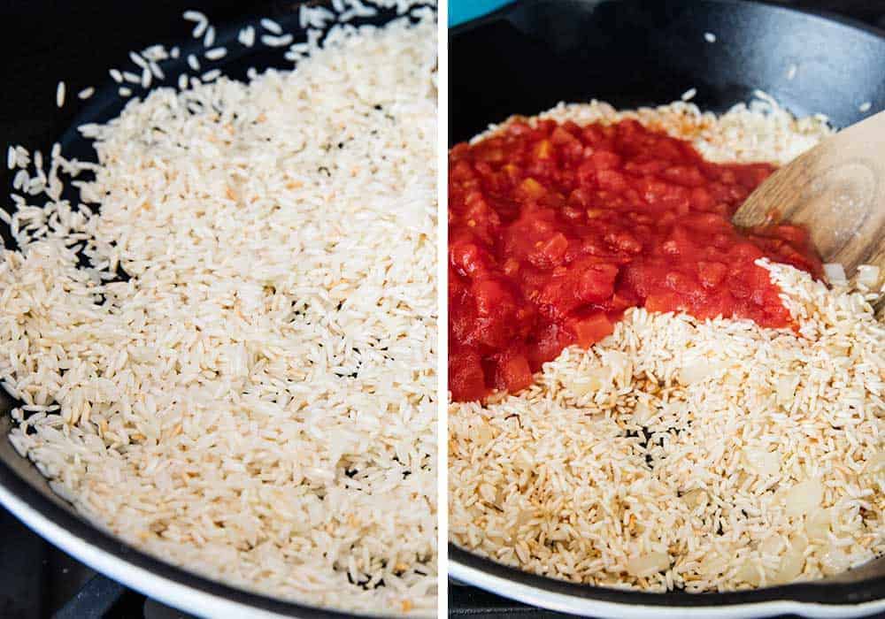 Browning rice on stove.