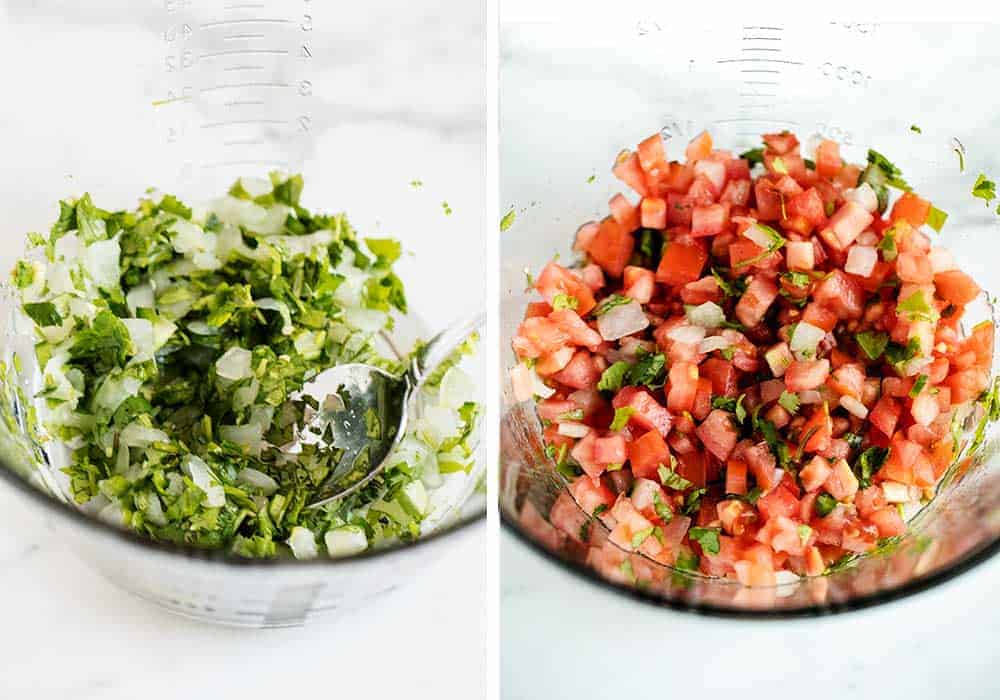 Mixing together pico de gallo in bowl.