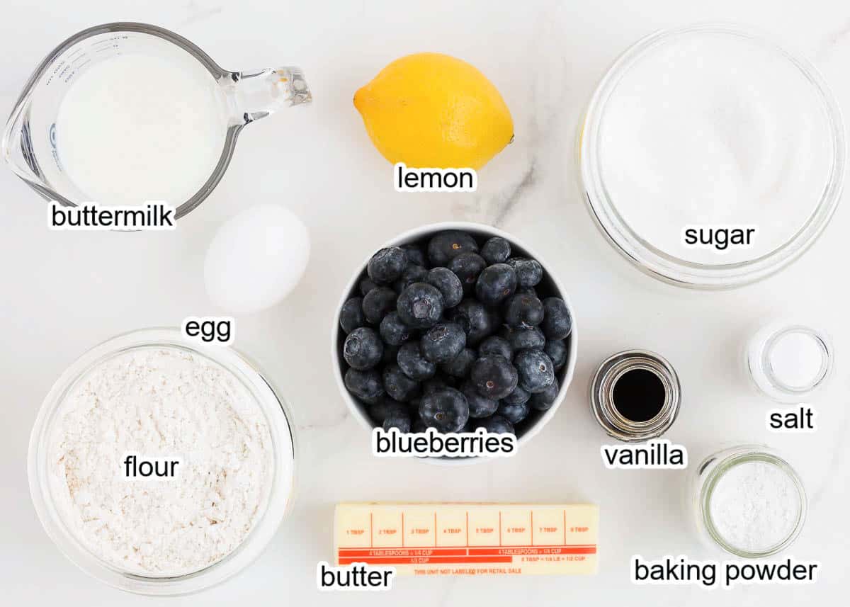 Blueberry buttermilk cake ingredients on counter.