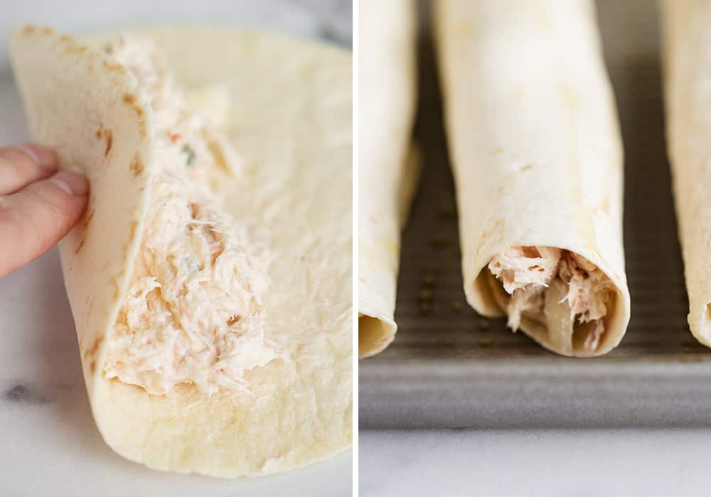 Rolling chicken taquitos in flour tortilla.