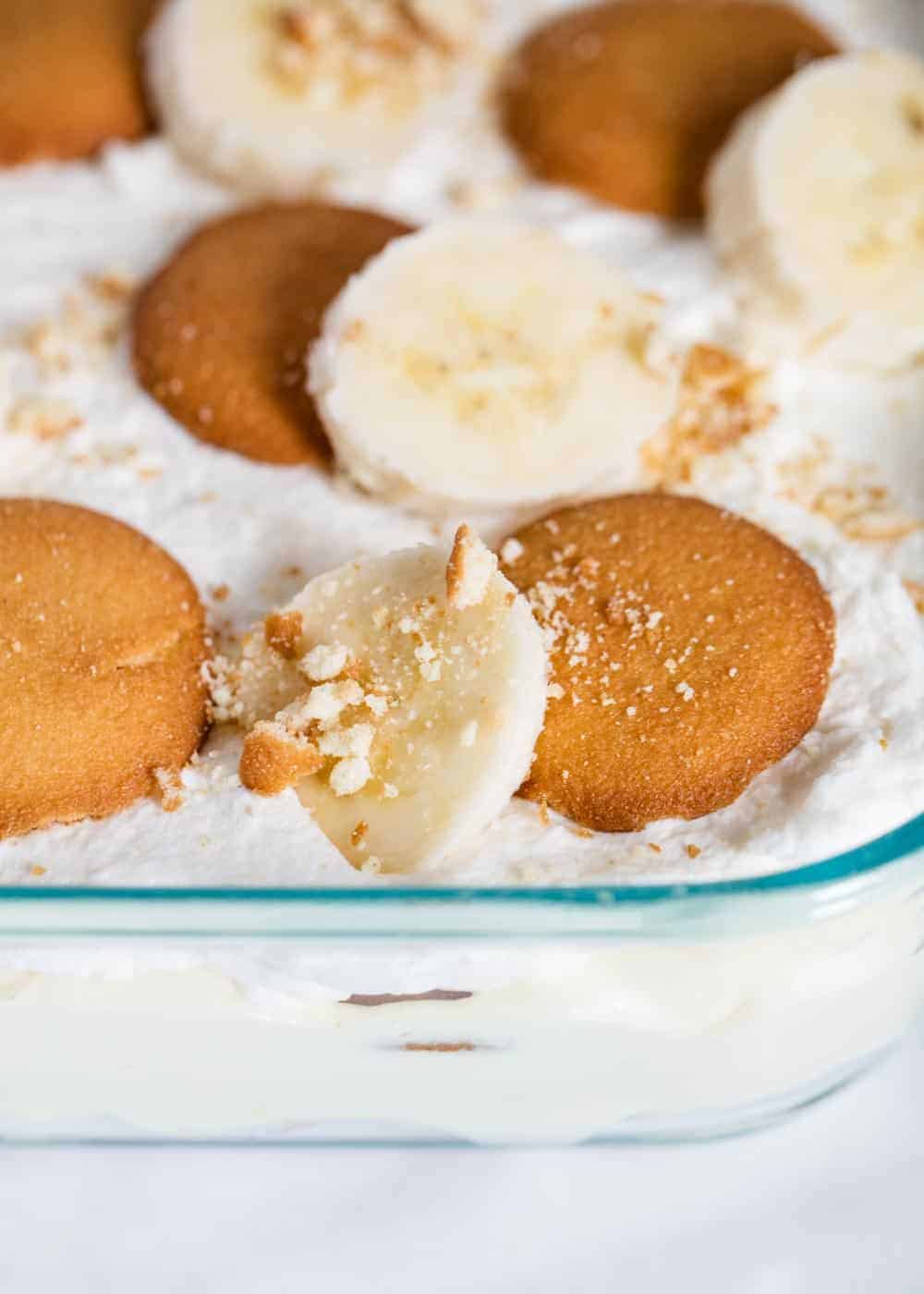 Banana pudding in baking dish. 