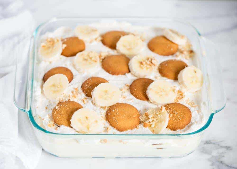 Banana pudding in a glass baking dish.