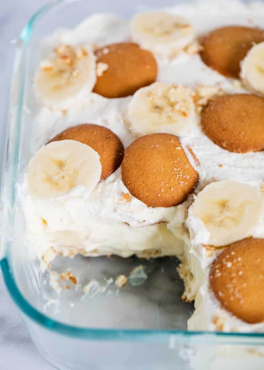 banana pudding with a slice taken out 