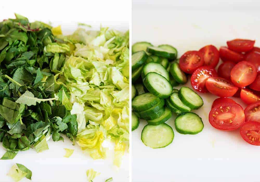 Chopped vegetables on cutting board. 