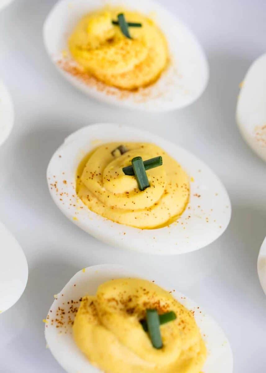 close up of deviled eggs
