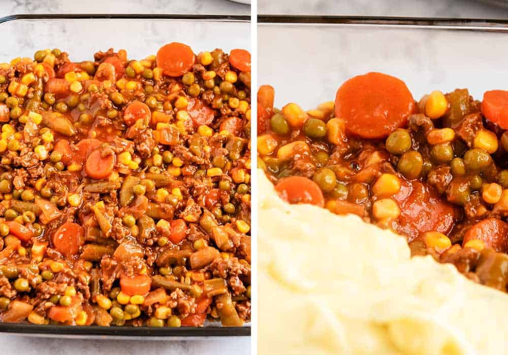 Assembling shepherd's pie in baking dish.