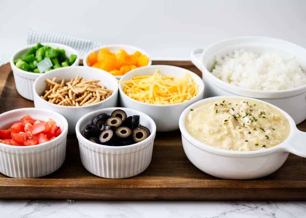 Hawaiian haystack toppings in bowls.