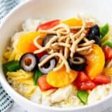 hawaiian haystack in a white bowl with toppings