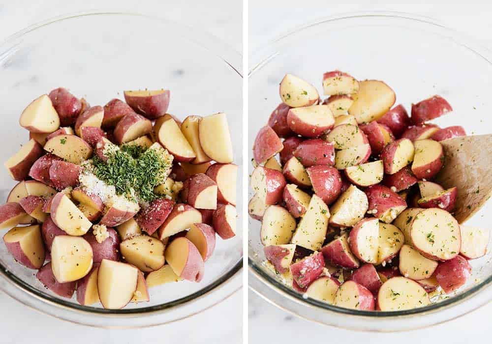 Tossing red potatoes in a glass bowl with seasonings.