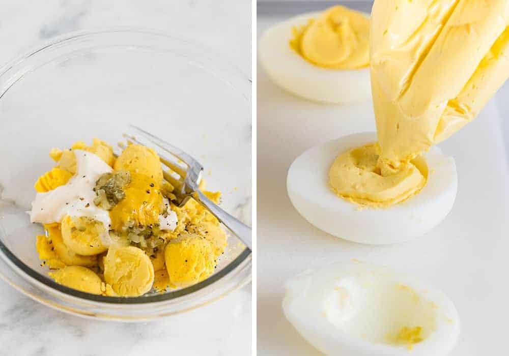 Adding yolk filling to eggs.