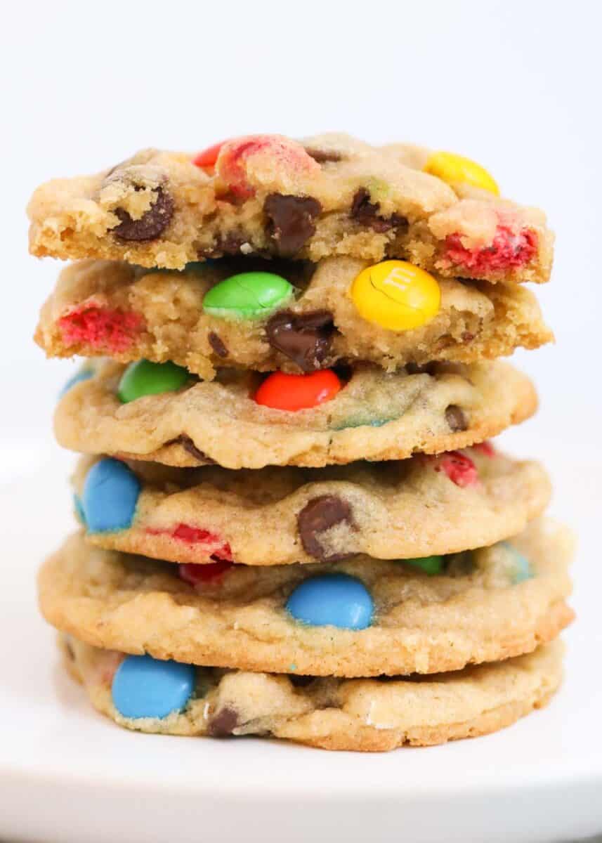 Stack of soft and chewy m&m cookies.