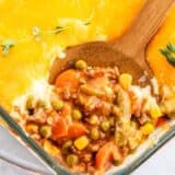 Shepherds pie recipe in a baking dish.