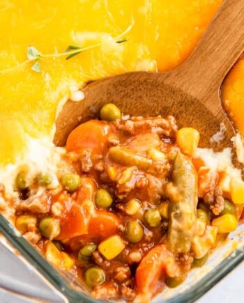 Shepherds pie recipe in a baking dish.