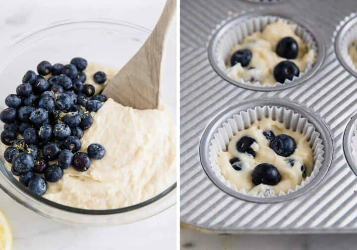 mixing batter for lemon blueberry muffins 