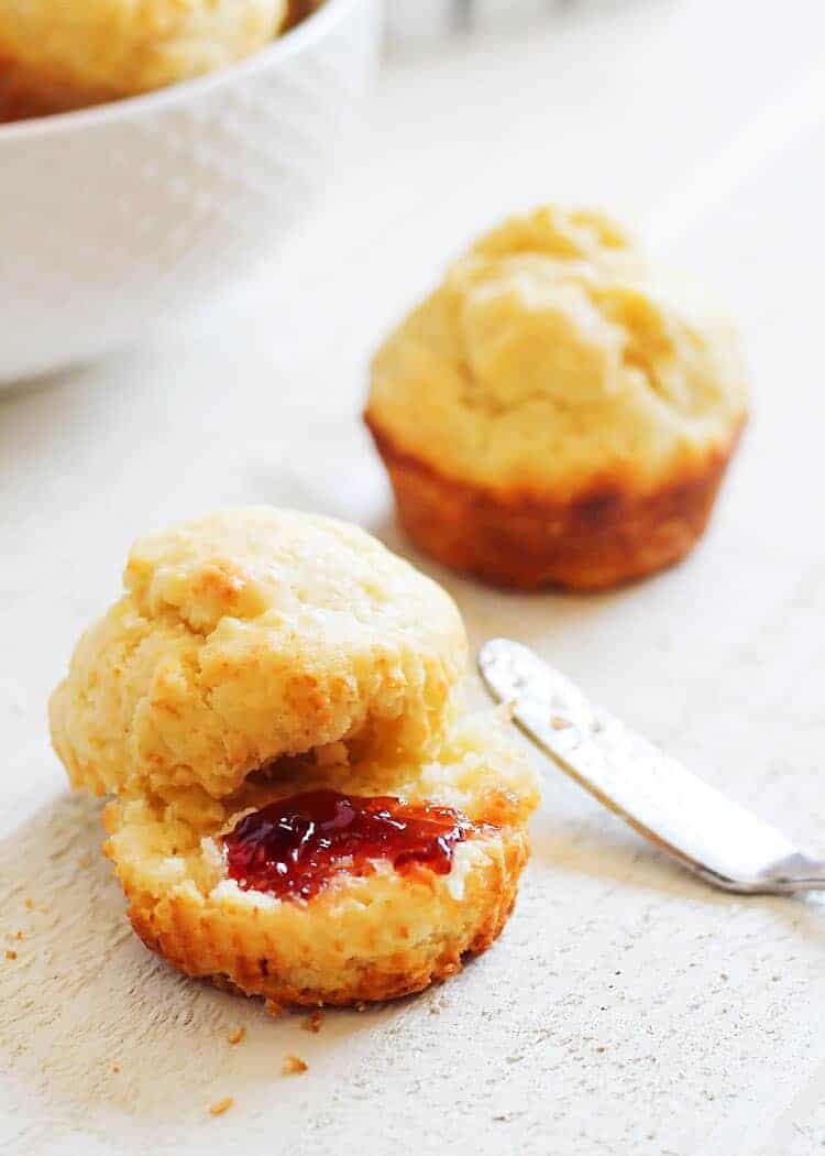 breakfast muffin with jam spread on top
