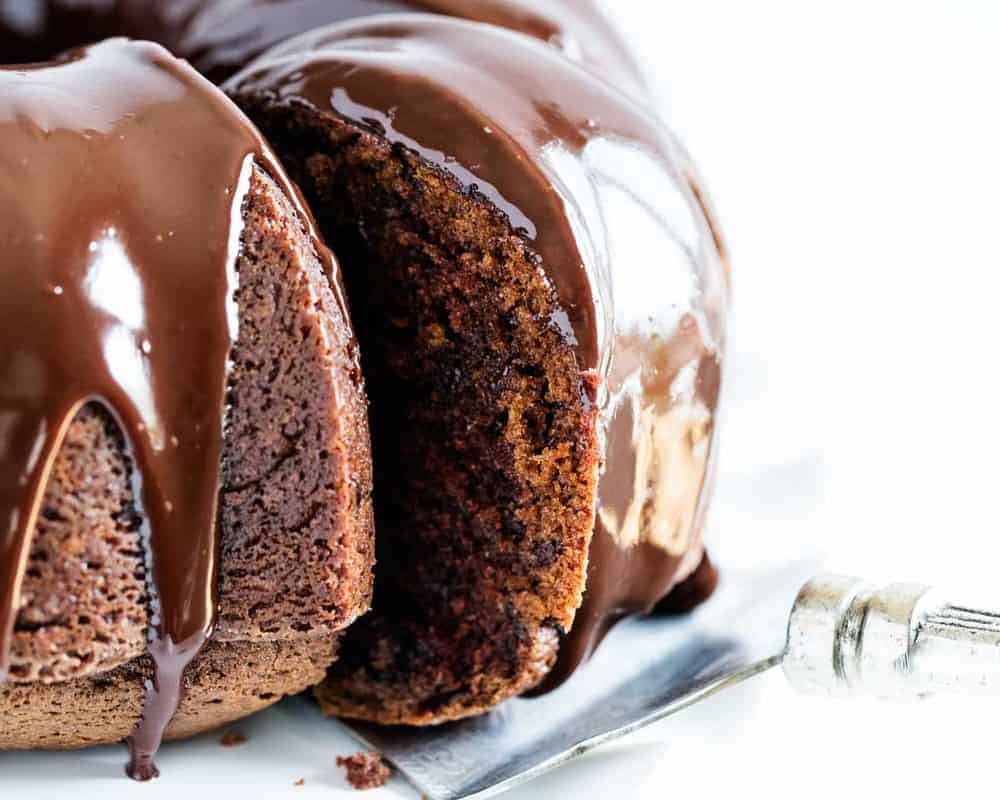 Chocolate bundt cake slice.