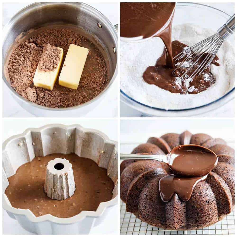 The process of making chocolate bundt cake in a four step photo collage. 