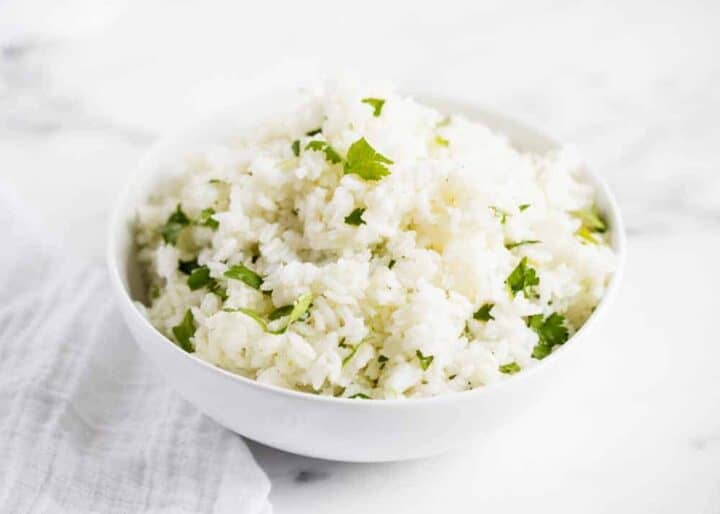 cilantro lime rice in white bowl 