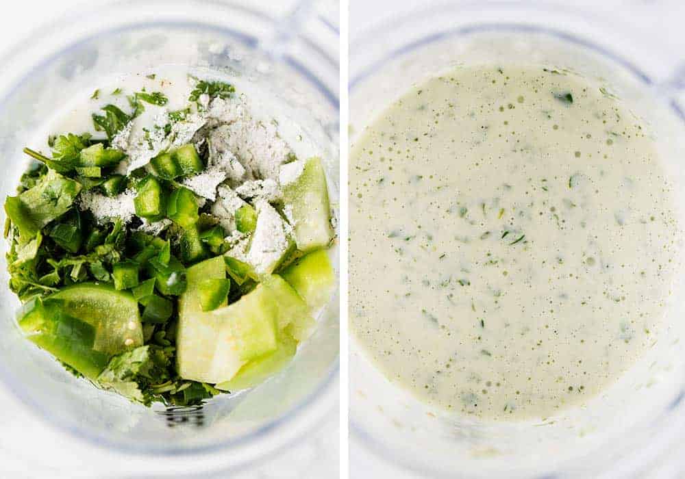 Blending together cilantro lime salad dressing.