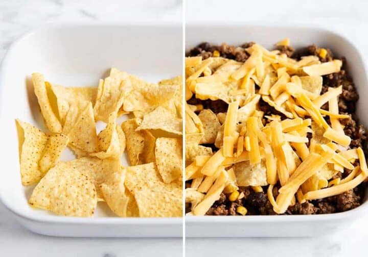 assembling taco casserole layers in pan 