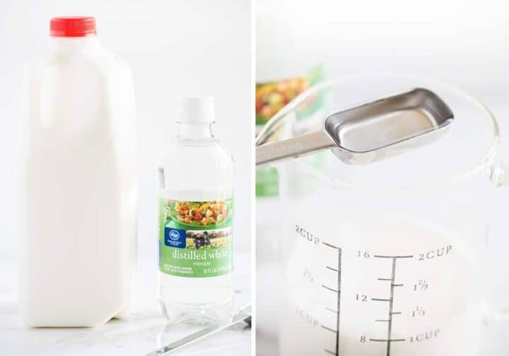 pouring a Tablespoon of vinegar into measuring cup with milk 