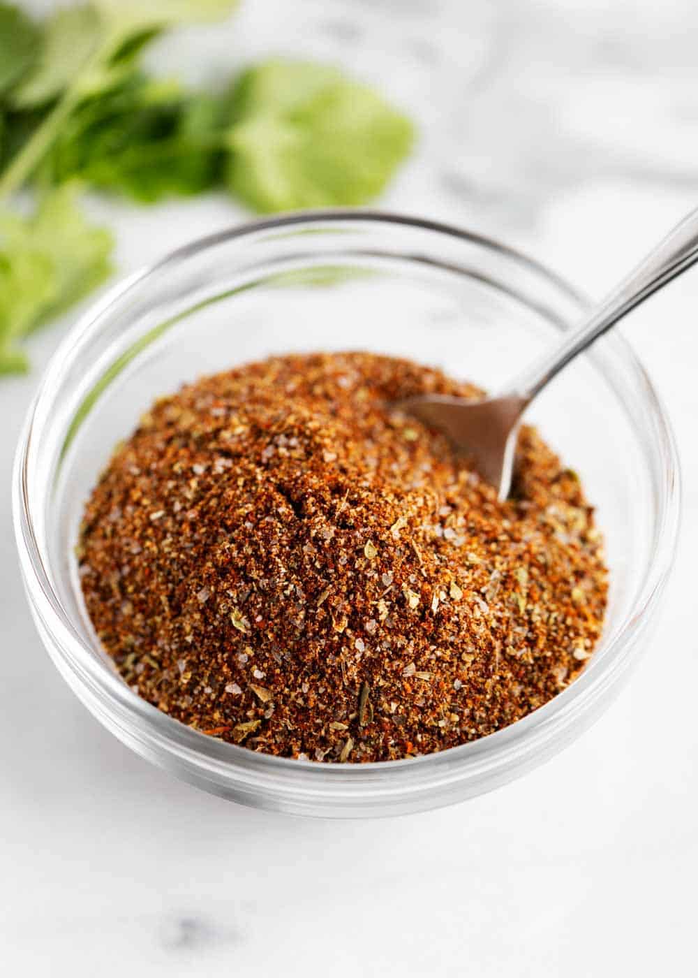 Close up of a bowl of homemade taco seasoning.