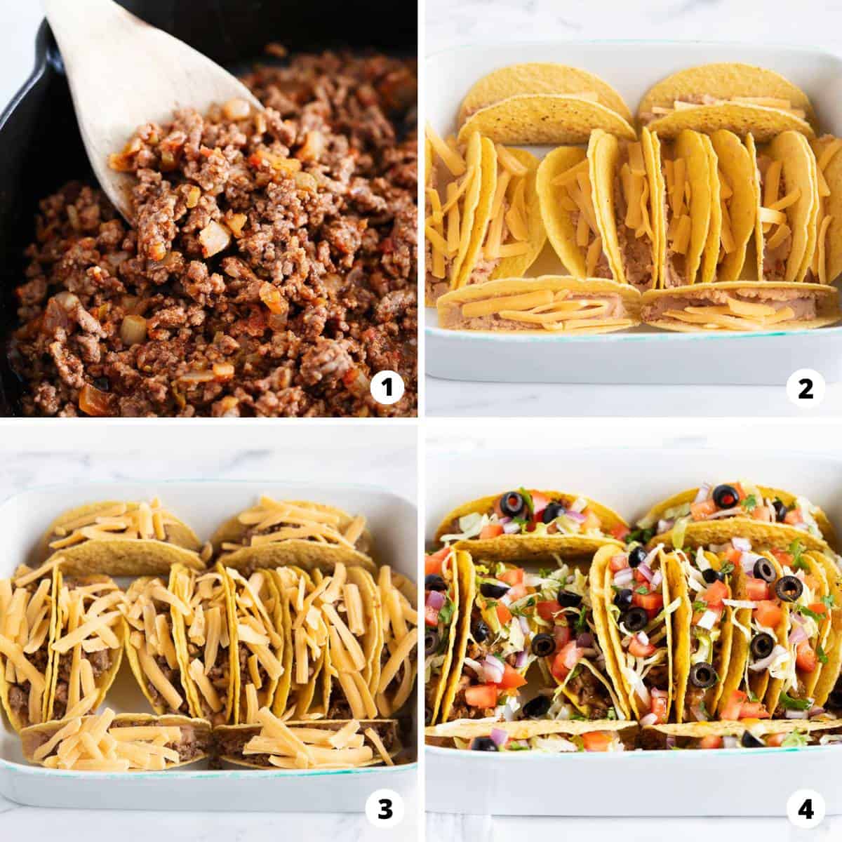 Showing how to make beef tacos in a 4 step collage. 