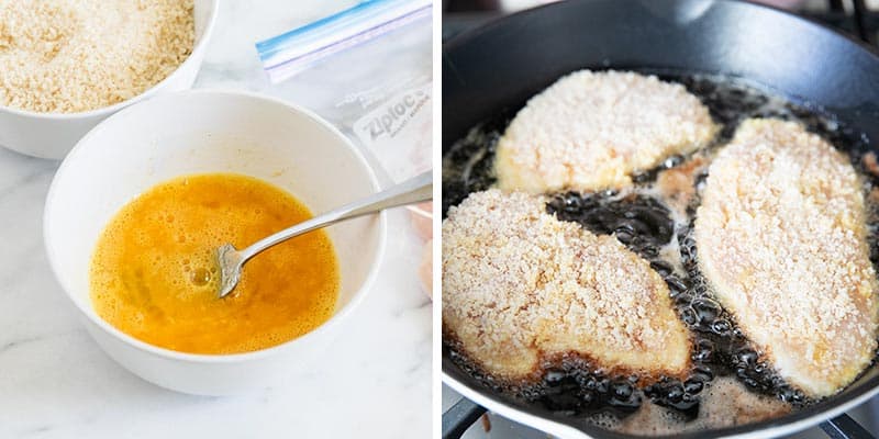 Cooking crusted chicken in pan.