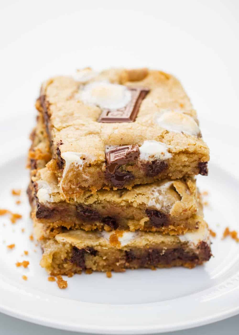 S'mores bars on a white plate.
