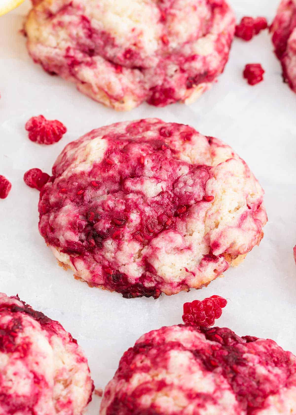 Raspberry cookies on counter.